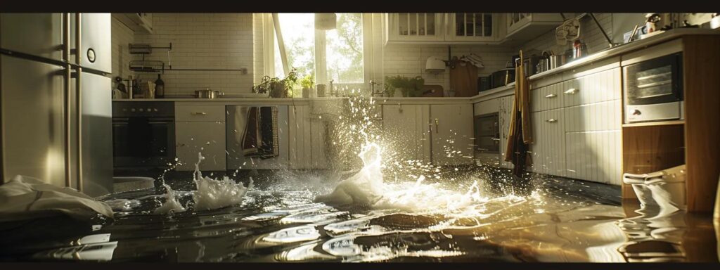 a dramatic scene captures a flooded kitchen with water gushing from a burst pipe, emphasizing the urgent need for professional plumbing services under harsh overhead lighting.