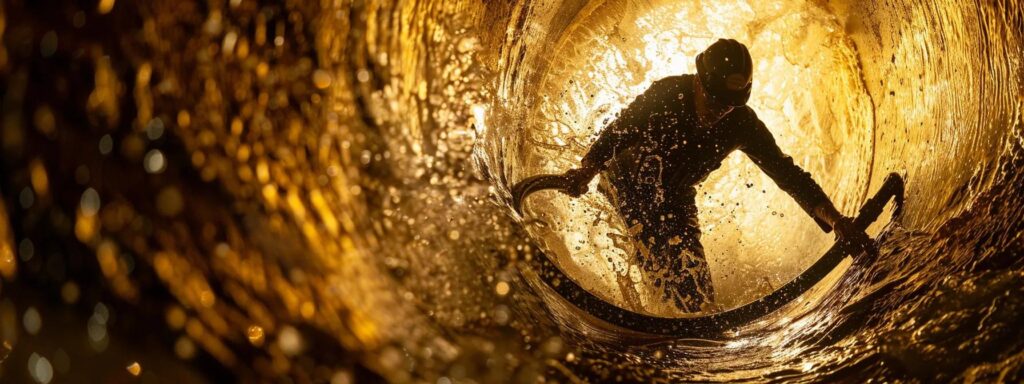 a dramatic scene of a professional drain cleaner in action, skillfully clearing a clogged drain amidst dimly lit, waterlogged surroundings in a tacoma basement, emphasizing the urgency and importance of timely emergency plumbing interventions.