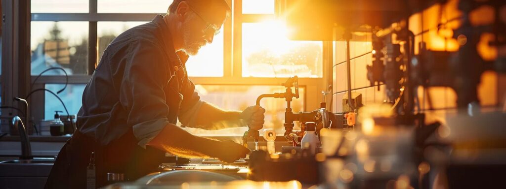 a dynamic, sun-lit scene of a skilled plumber expertly diagnosing a modern plumbing system, surrounded by gleaming fixtures and tools, showcasing professionalism and reliability in tacoma's plumbing industry.