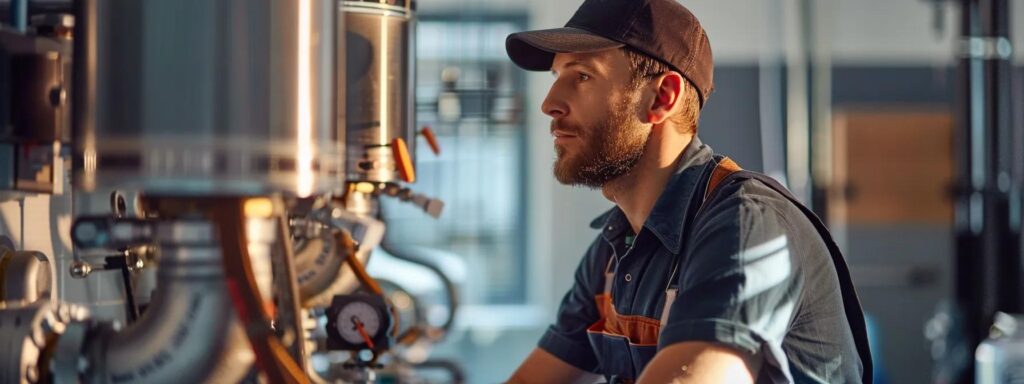 a focused shot of a professional plumber in a commercial setting, skillfully inspecting intricate plumbing systems, surrounded by gleaming tools and modern piping, with soft natural light filtering through large windows, highlighting the attention to detail and expertise required in tacoma's unique environment.