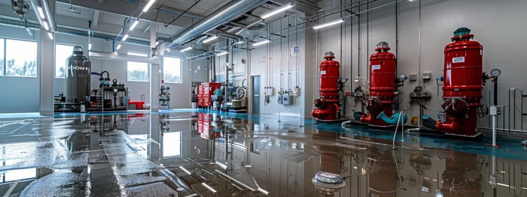 a gleaming commercial plumbing facility is depicted under bright fluorescent lights, showcasing an array of well-organized tools and equipment, highlighting the vital services of emergency repairs and routine maintenance in an efficient and professional environment.