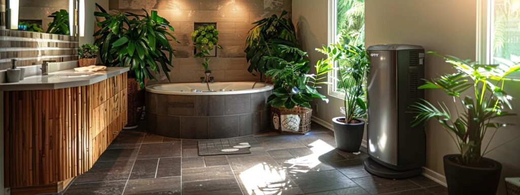 a gleaming, modern bathroom showcases a newly installed water heater, surrounded by vibrant greenery, symbolizing the reliability and satisfaction of expert plumbing services in tacoma.