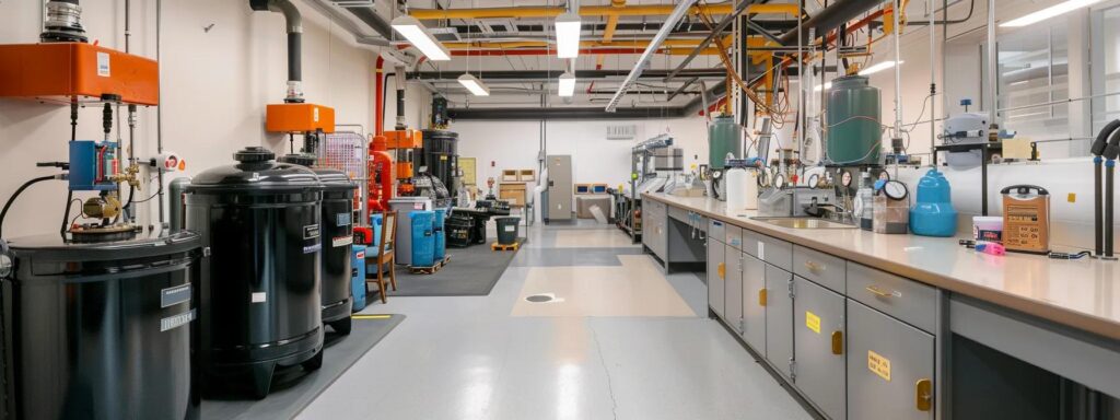 a gleaming, well-organized commercial plumbing workshop, showcasing licensed technicians expertly repairing equipment under bright fluorescent lights, emphasizing professionalism and reliability in a bustling tacoma business environment.