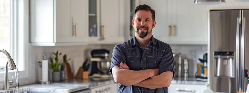 a skilled plumber confidently surveys a gleaming, modern kitchen equipped with polished fixtures and tools, bathed in warm, inviting light that highlights the pristine plumbing work.