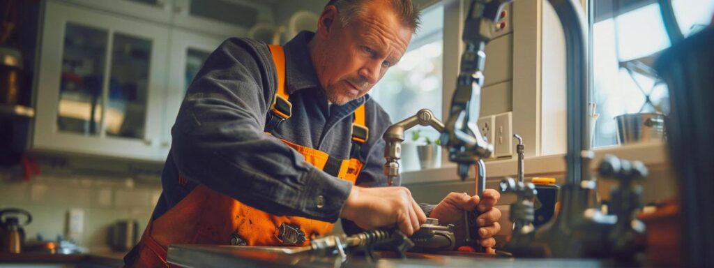 a skilled plumber expertly diagnosing a leaky pipe in a modern tacoma home, bathed in warm, natural light that highlights the tools and fixtures around him, capturing the essence of reliable plumbing services.