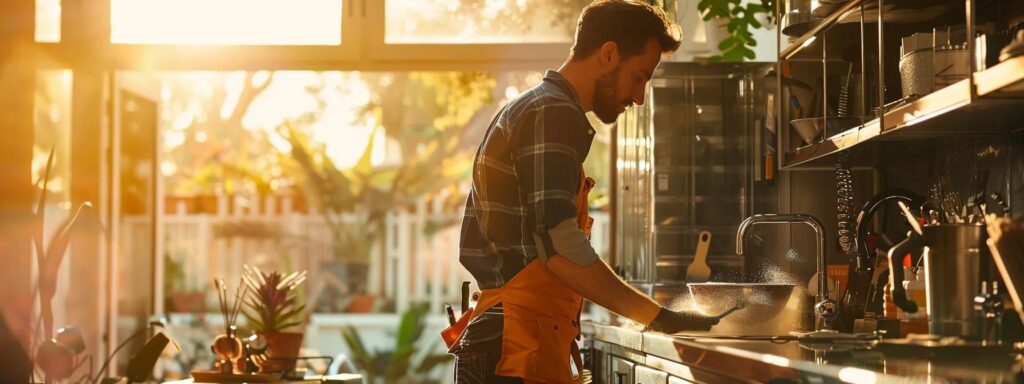 a skilled plumbing professional, surrounded by gleaming advanced tools, efficiently tackles a complex drain cleaning project in a sunlit, eco-friendly workspace that emphasizes safety and sustainability.
