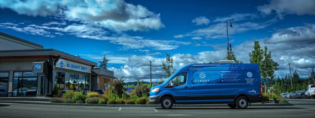 a sleek, modern commercial plumbing van stands in front of a bustling tacoma business, surrounded by vivid blue skies and vibrant greenery, symbolizing dependable and high-quality plumbing services.