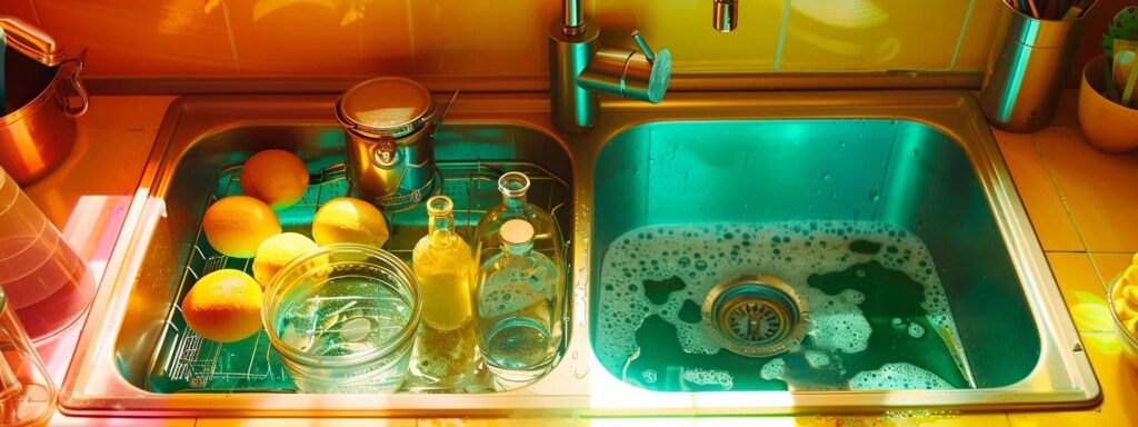 a vibrant kitchen sink brimming with colorful natural ingredients like baking soda and vinegar, symbolizing effective yet cautious diy drain cleaning methods, illuminated by warm ambient light.