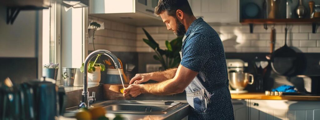 a vibrant scene featuring a skilled plumber expertly repairing a modern sink in a bright, stylish kitchen, highlighting the theme of reliable plumbing solutions for both homes and businesses.
