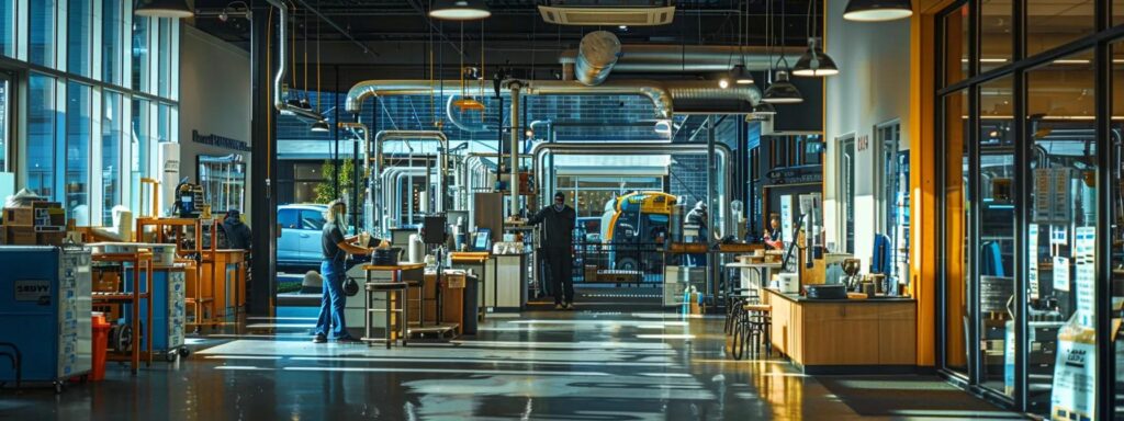 a vibrant scene of a bustling tacoma business environment, showcasing a professional plumber expertly addressing a commercial plumbing system, with sparkling clean pipes and efficient drain solutions emphasizing operational excellence and customer satisfaction.