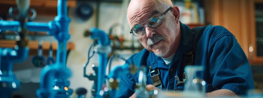 a visually striking scene of a busy tacoma plumber expertly diagnosing a modern plumbing system amid a backdrop of gleaming tools and vibrant blue pipes, showcasing professionalism and efficiency in action.