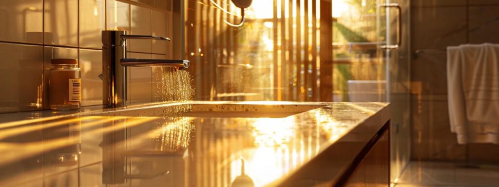 a bright and inviting bathroom showcases a gleaming new shower and polished sink, illuminated by warm light, symbolizing the affordability and quality workmanship of professional plumbing services.