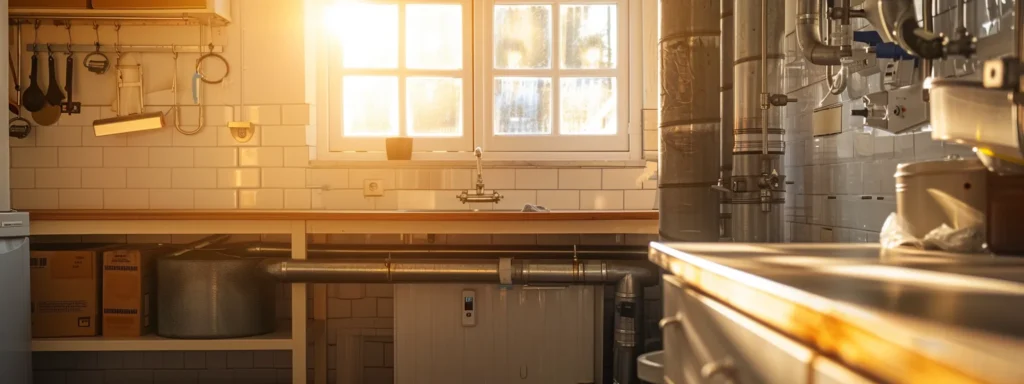 a bright, meticulously organized home utility room features gleaming pipes and plumbing fixtures, showcasing the importance of regular maintenance to prevent issues like sewer backup.