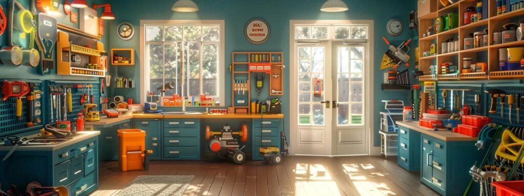 a brightly lit home workshop showcases an organized array of essential plumbing tools and supplies, emphasizing a hands-on approach to diy repairs with instructional videos playing in the background.