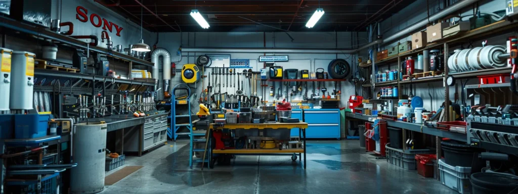 a bustling tacoma business environment with prominently displayed plumbing tools and equipment, illuminated by bright, focused lighting that highlights the urgency of addressing common plumbing issues like drain clogs and leaks, creating a sense of professionalism and efficiency.