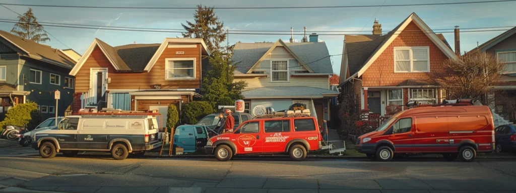 a bustling tacoma street scene showcases a lineup of professional plumbers' vehicles, each branded with vibrant graphics, as they gather in front of a customer's house, highlighting a dynamic comparison of top plumbing services in the community.