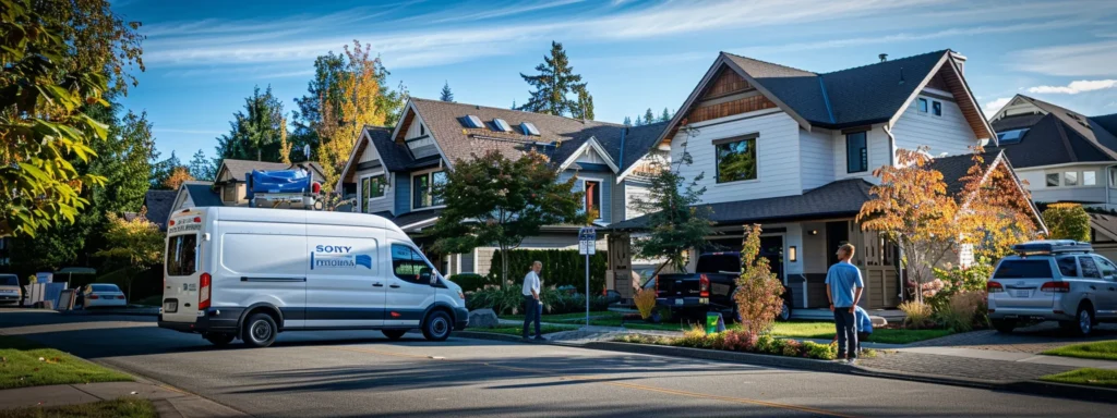 a bustling tacoma street scene showcases local plumbing repair vans parked outside a modern home, with workers discussing repair strategies under bright blue skies, evoking a sense of community trust and professionalism.