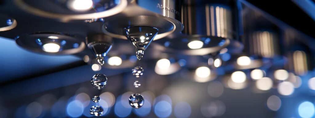 a close-up view of a gleaming, modern plumbing fixture with droplets of water cascading down, symbolizing efficiency and the importance of professional plumbing maintenance in a sleek, well-lit bathroom setting.