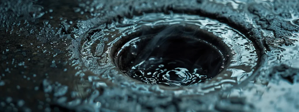 a close-up of a sink with water pooling around the drain, surrounded by visible debris and a faint cloud of steam, highlighting the urgent need for drain maintenance.