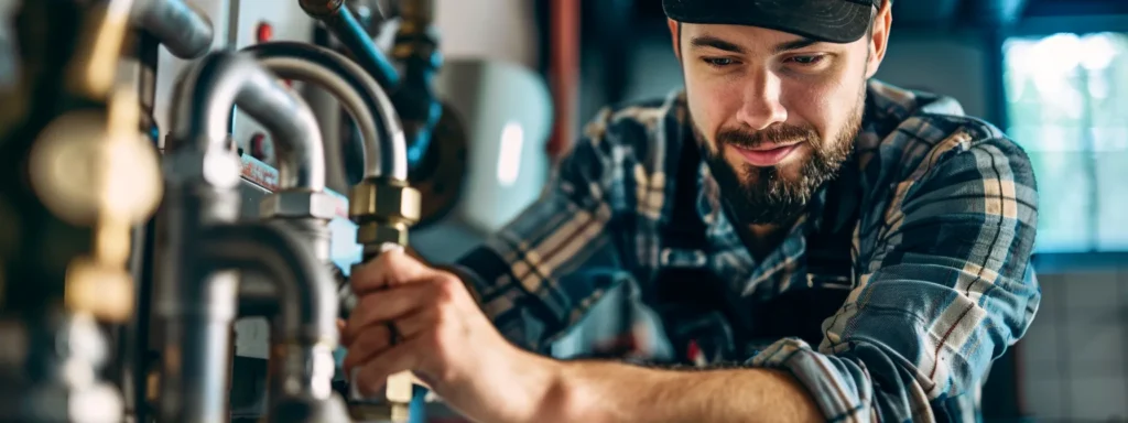 a close-up of a professional plumber confidently inspecting modern plumbing tools in a well-lit tacoma basement, showcasing expertise and reliability.