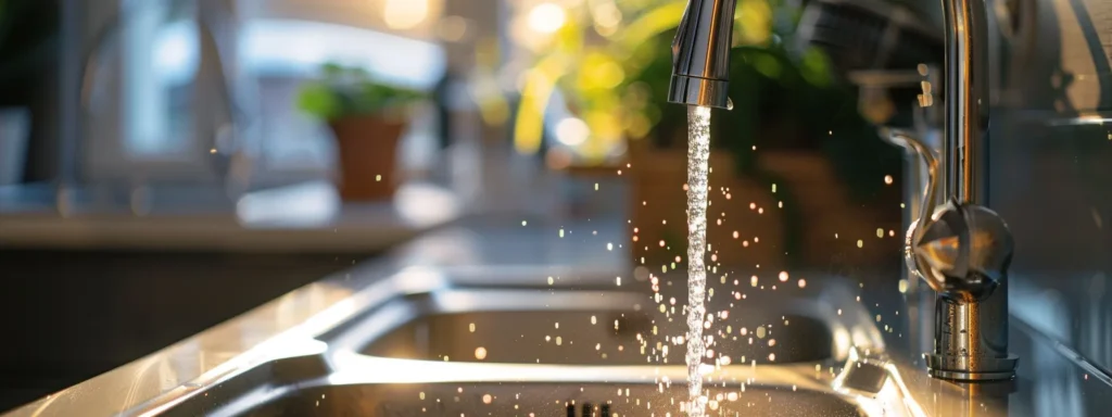 a close-up shot of a gleaming kitchen sink with water gracefully flowing, framed by shiny plumbing fixtures and subtle reflections, highlighting the elegance of efficient plumbing solutions in a modern tacoma home.