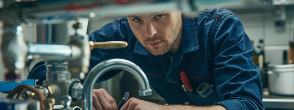 a close-up of a skilled plumber efficiently diagnosing a complex pipe system in a well-lit, modern kitchen, showcasing tools and equipment that highlight various plumbing repair services.