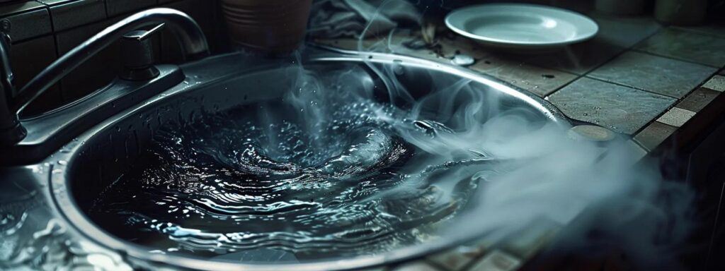 a close-up of a clogged kitchen sink with dark, murky water swirling around, surrounded by a faint haze of steam and an empty dish nearby, emphasizing the urgency of plumbing issues.