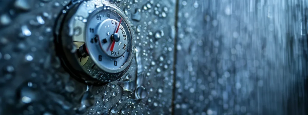 a close-up of a gleaming, modern water pressure gauge mounted on a pristine bathroom wall, reflecting sunlight, with vivid water droplets glistening around it to symbolize the importance of monitoring water pressure for home maintenance.