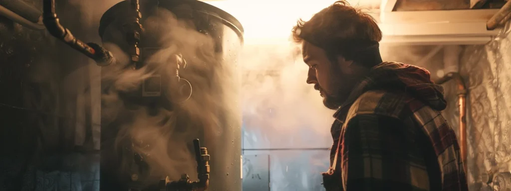 a close-up of a distressed homeowner inspecting a malfunctioning water heater, with steam rising and faint noises echoing, under warm, dim lighting that highlights the urgency of the situation.
