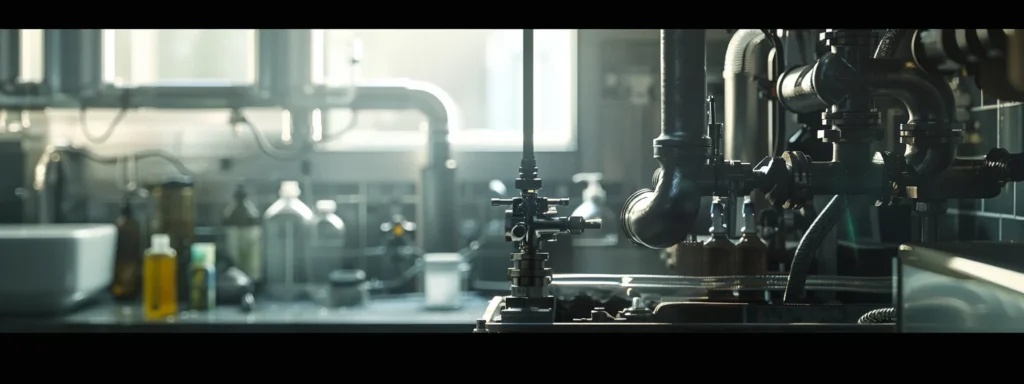 a close-up of a gleaming, modern plumbing setup featuring intricately connected pipes with a backdrop of a clean, organized service area, illuminated by soft, natural light filtering through a nearby window.