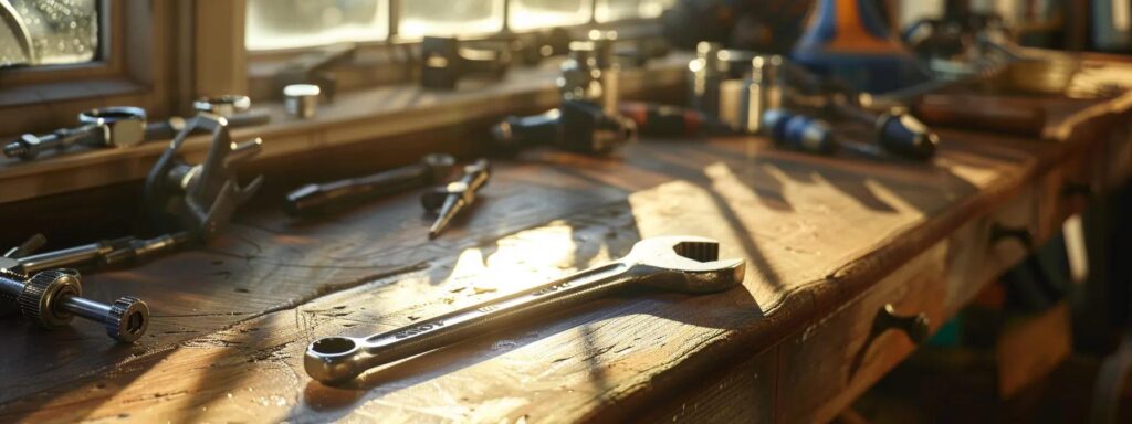 a close-up shot of a gleaming plumbing wrench resting on a polished wooden workbench, surrounded by shimmering plumbing fixtures, with warm, natural light cascading through a nearby window, symbolizing trust and reliability in plumbing services.