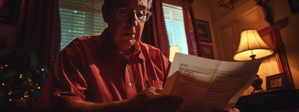 a concerned homeowner examines a plumbing service contract in a dimly lit room, highlighting the anxiety of recognizing red flags such as unexpected charges and poor communication.