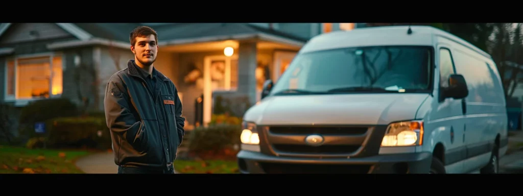 a confident emergency plumber stands next to a gleaming, modern service van under the soft glow of streetlights at twilight, exuding professionalism and readiness amidst a tacoma neighborhood.