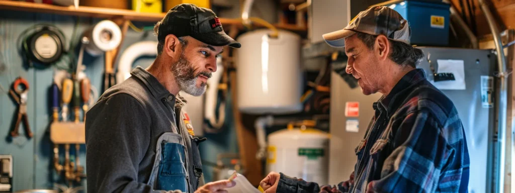 a confident homeowner consults with a friendly water heater repair technician in a well-lit tacoma garage, showcasing a vibrant exchange of expertise over the essential maintenance of a reliable, modern water heater.
