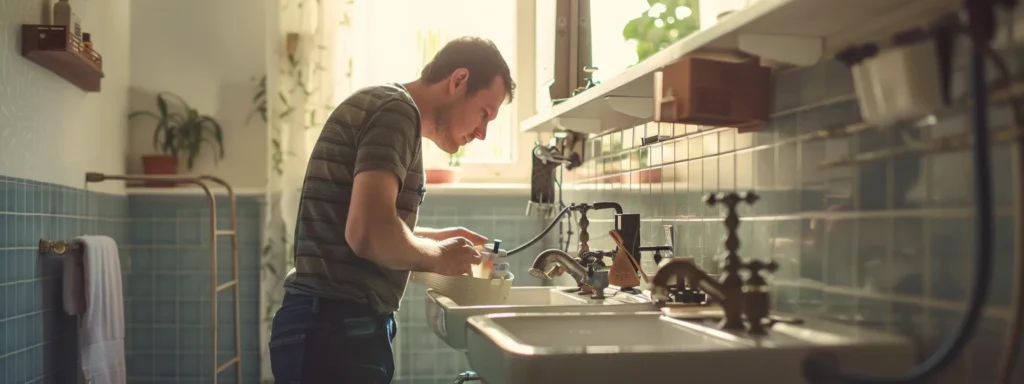 a confident homeowner examines a gleaming, modern toolset against the backdrop of a pristine bathroom, embodying the careful selection of a reliable plumbing repair service in tacoma.