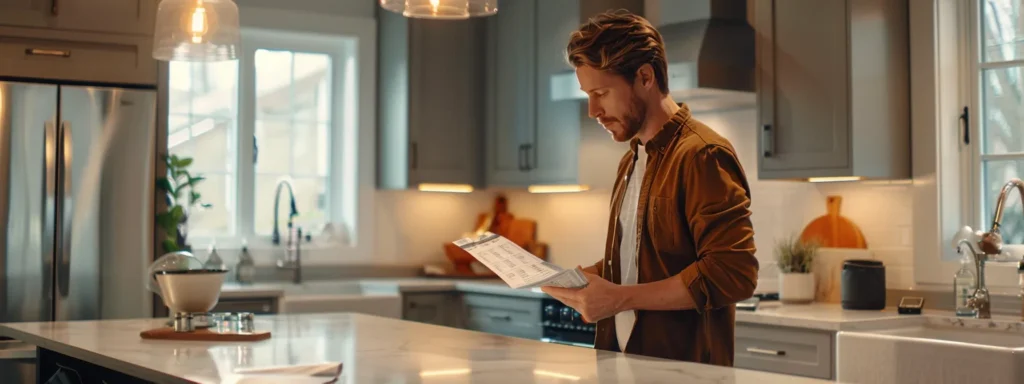 a confident homeowner stands in a well-lit, modern kitchen, thoughtfully reviewing multiple plumbing service estimates spread across the countertop, embodying the empowerment of informed decision-making amidst gleaming fixtures and subtle warmth.