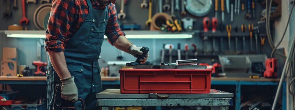 a confident plumber examines a toolbox filled with professional tools under soft, natural light in a well-organized workshop, symbolizing reliability and expertise in plumbing services.