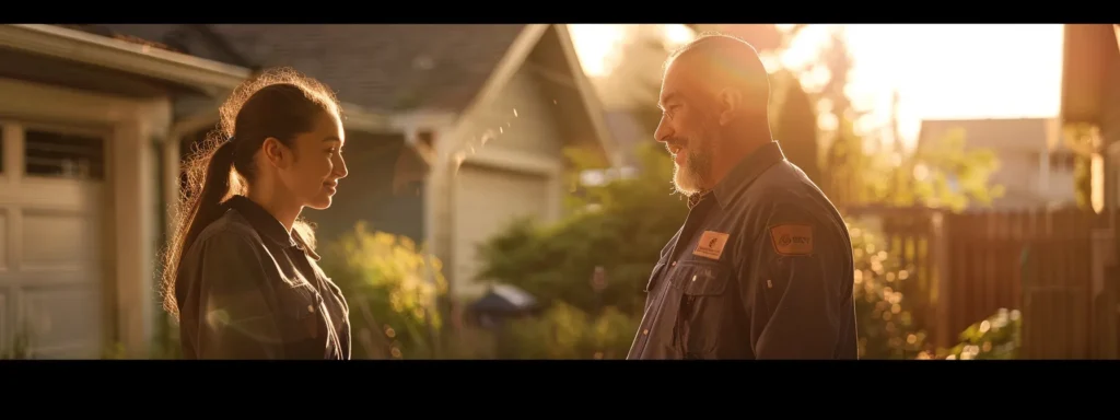 a confident tacoma homeowner conducts a thoughtful conversation with a professional plumber at the doorstep, with a clear focus on emergency response and service reliability, illuminated by warm afternoon sunlight.