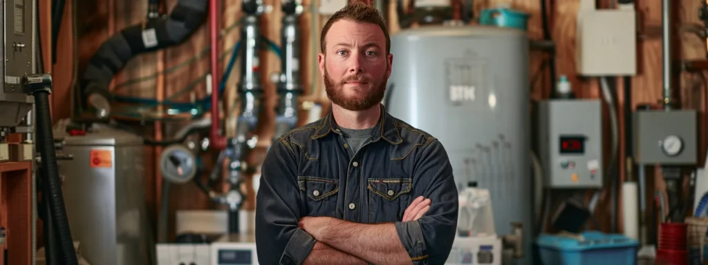 a confident tacoma plumber stands beside gleaming tools and equipment, showcasing their professional certification while surrounded by a backdrop of a well-maintained plumbing system, evoking trust and reliability.