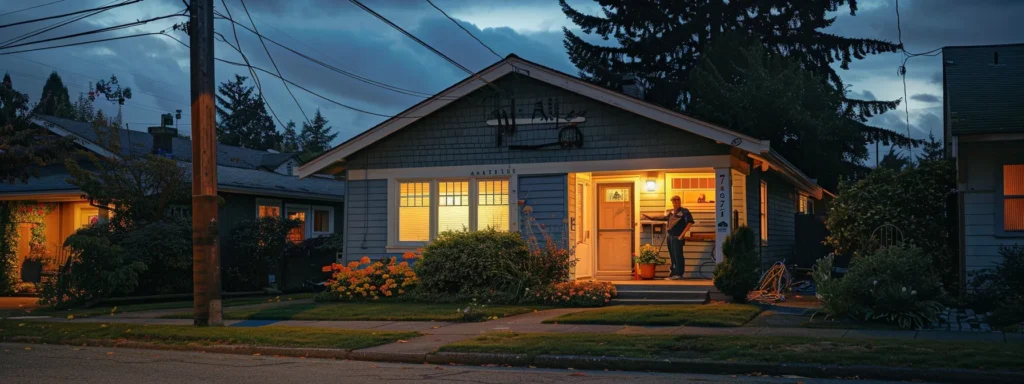 a cozy tacoma neighborhood scene at dusk, featuring a warm-lit home with a friendly plumber in uniform confidently inspecting outdoor pipes, embodying trust and reliability in community plumbing services.