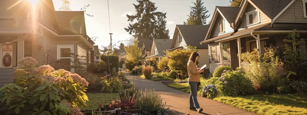 a cozy tacoma street lined with charming houses, each showcasing a well-maintained garden, while a confident homeowner studies a clipboard filled with glowing reviews and recommendations for local emergency plumbing services, under a warm afternoon light.