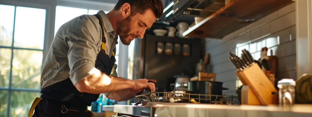 a dedicated tacoma plumber, clad in a professional uniform, expertly repairs a gleaming dishwasher in a modern kitchen, showcasing high-quality tools and materials under warm, inviting lighting that emphasizes their commitment to exceptional service.