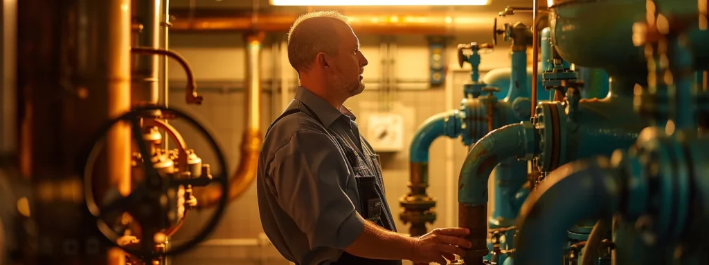 a dependable tacoma plumber expertly assesses a complex piping system, illuminated by soft, warm lighting, showcasing the clarity and precision of reliable plumbing services.