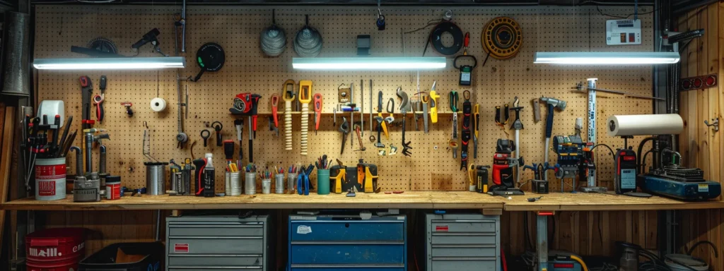 a detailed view of a well-organized plumbing workshop in tacoma, showcasing neatly arranged tools and plumbing fixtures under bright, focused lighting, emphasizing the importance of adherence to local regulations and safe home practices.