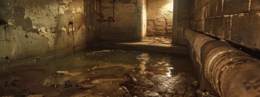 a dimly lit basement reveals murky water pooling ominously against peeling walls, highlighting urgent plumbing needs amidst the looming threat of extensive water damage.