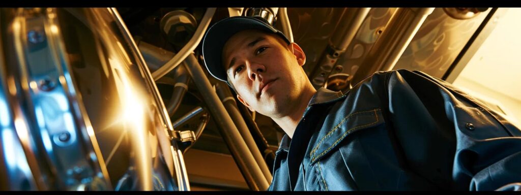 a dramatic close-up of a professional plumber in a crisp uniform confidently inspecting a gleaming chrome water heater in a well-lit, modern tacoma home, symbolizing reliable and affordable plumbing solutions.