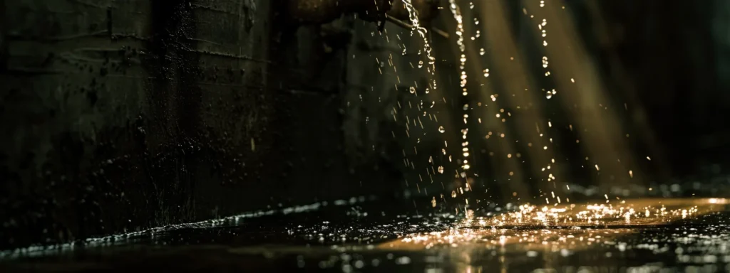 a dramatic close-up of a drooping pipe with water trickling down, illuminated by harsh overhead light, emphasizing the urgency of plumbing issues and the potential for structural damage.