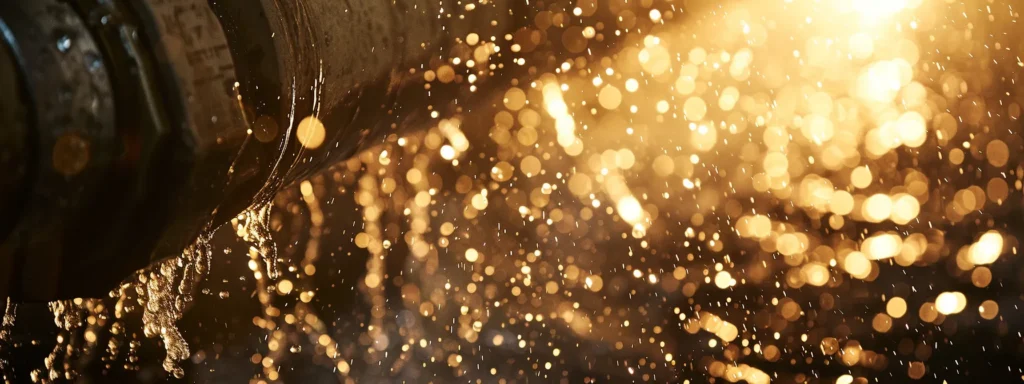 a dramatic close-up of a burst pipe gushing water, illuminated by the harsh glow of an emergency floodlight, captures the urgency and chaos of an emergency plumbing situation in a dimly lit tacoma basement.