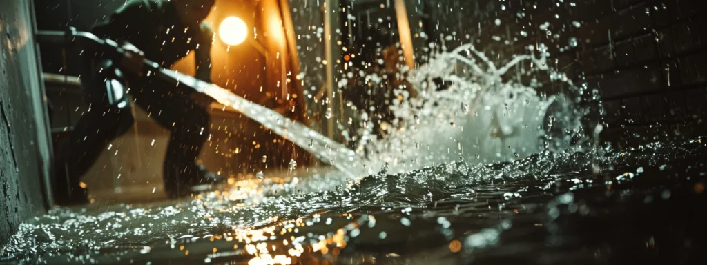a dramatic close-up of a skilled plumber swiftly addressing a burst pipe in a dimly lit basement, with water gushing and tools scattered around, highlighting the urgency and chaos of emergency repairs.