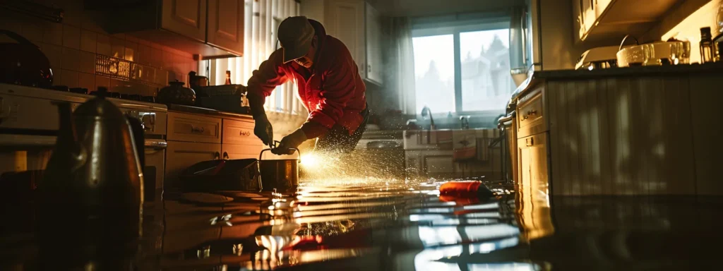 a dramatic scene of a local plumber in protective gear swiftly fixing a burst pipe amidst a flooded kitchen, illuminated by bright emergency lights, capturing the urgency of 24/7 plumbing repair services in tacoma.
